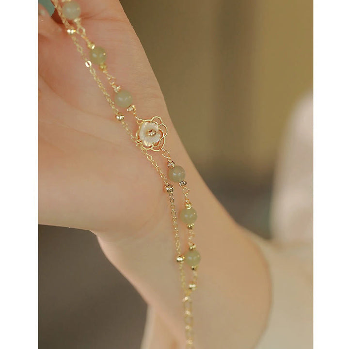 Buddha Stones 14K Gold Plated Jade Butterfly Tridacna Stone Flower Double Layer Luck Bracelet - image 16