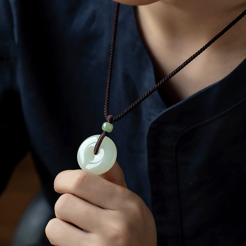 Buddha Stones Natural Round Jade Peace Buckle Luck Prosperity Necklace Pendant - image 2