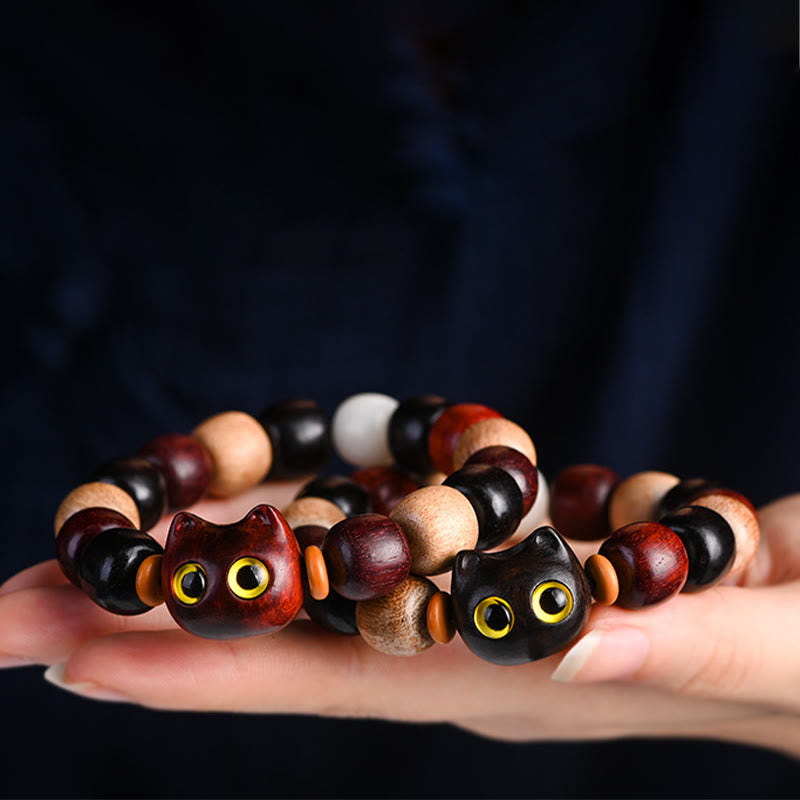 Buddha Stones Small Leaf Red Sandalwood Ebony Wood Cute Cat Engraved Protection Bracelet - image 26