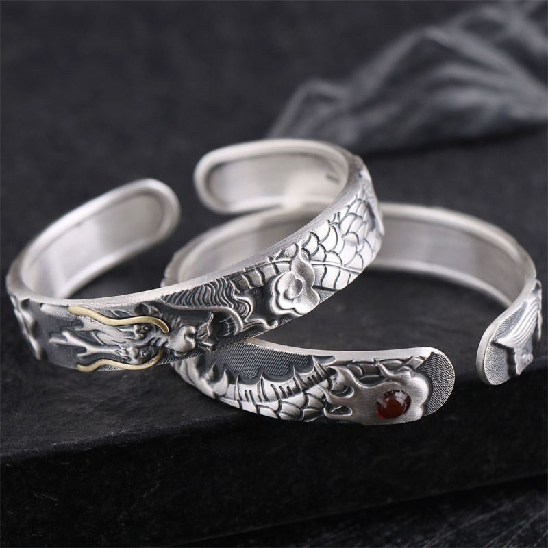 Buddha Stones 999 Sterling Silver Dragon Strength Protection Bracelet Bangle - image 1