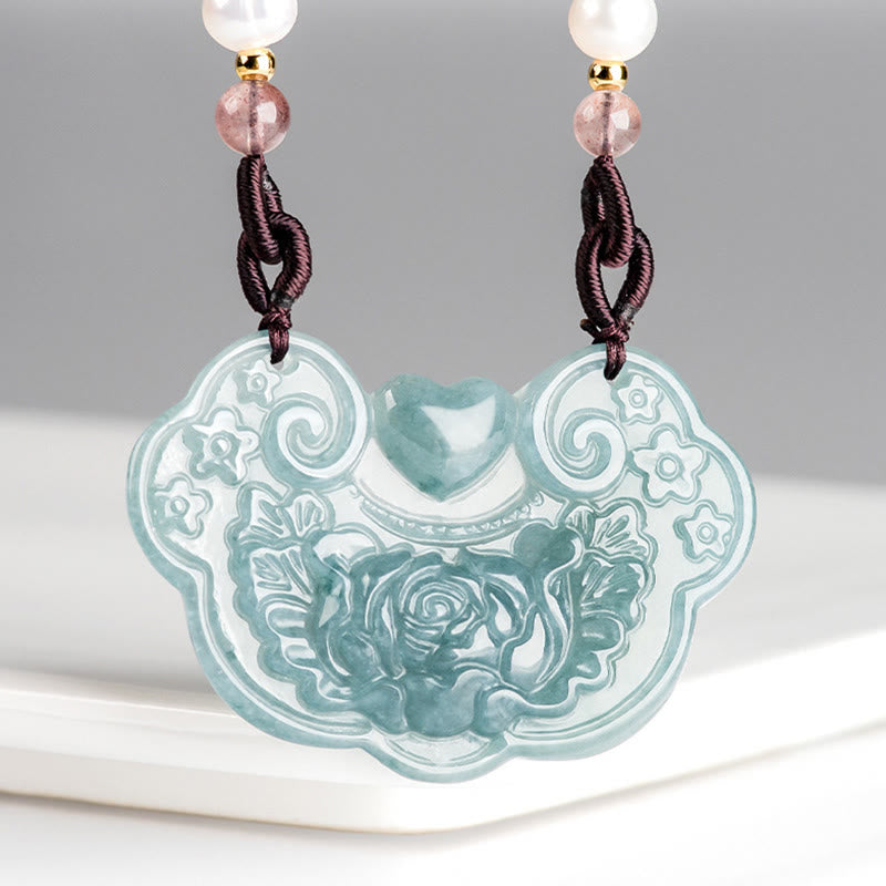 Buddha Stones Natural Jade Peony Flower Lock of Good Wishes Prosperity Necklace Pendant - image 3