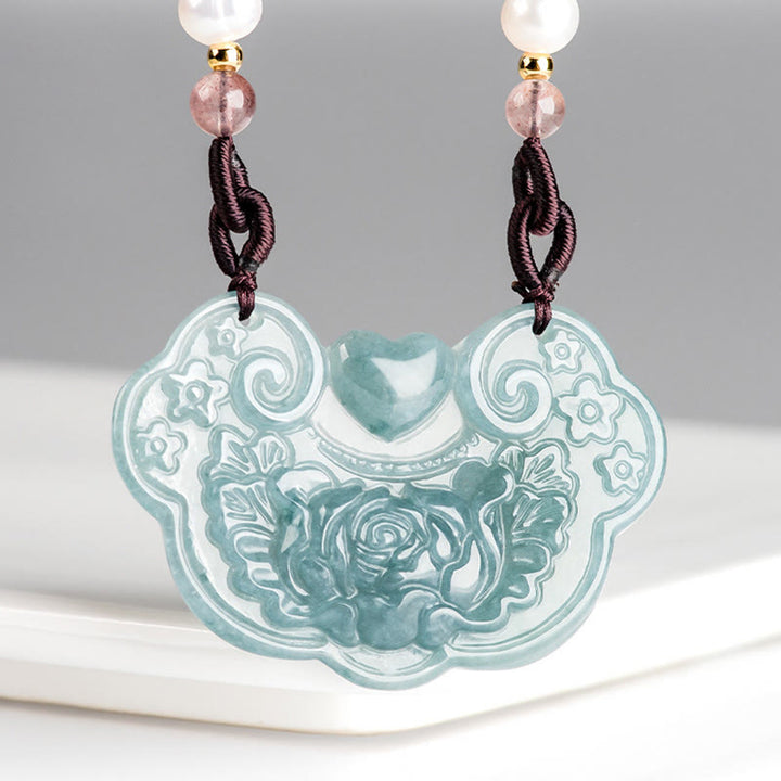 Buddha Stones Natural Jade Peony Flower Lock of Good Wishes Prosperity Necklace Pendant - image 3