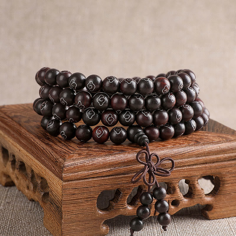 Buddha Stones 925 Sterling Silver Inlaid Small Leaf Red Sandalwood Om Mani Padme Hum Character Auspicious Clouds Protection Bracelet - 8mm*108 Beads - image 0