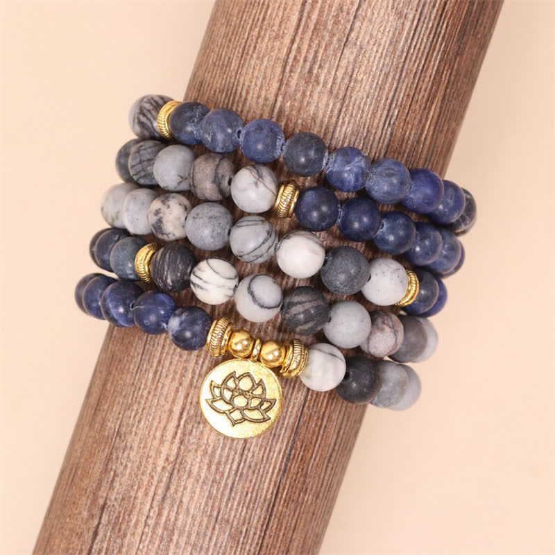 Buddha Stones 108 Mala Beads Sodalite Zebra Jasper Crystal Lotus Strength Bracelet - image 4