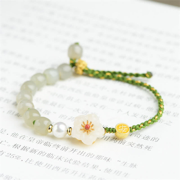 Buddha Stones 925 Sterling Silver Natural Hetian Jade Peach Blossom Luck Bracelet - image 5
