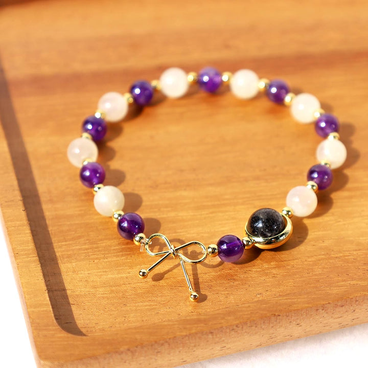 Buddha Stones Amethyst Cat Eye Black Rutilated Quartz Spiritual Bead Bracelet - image 1