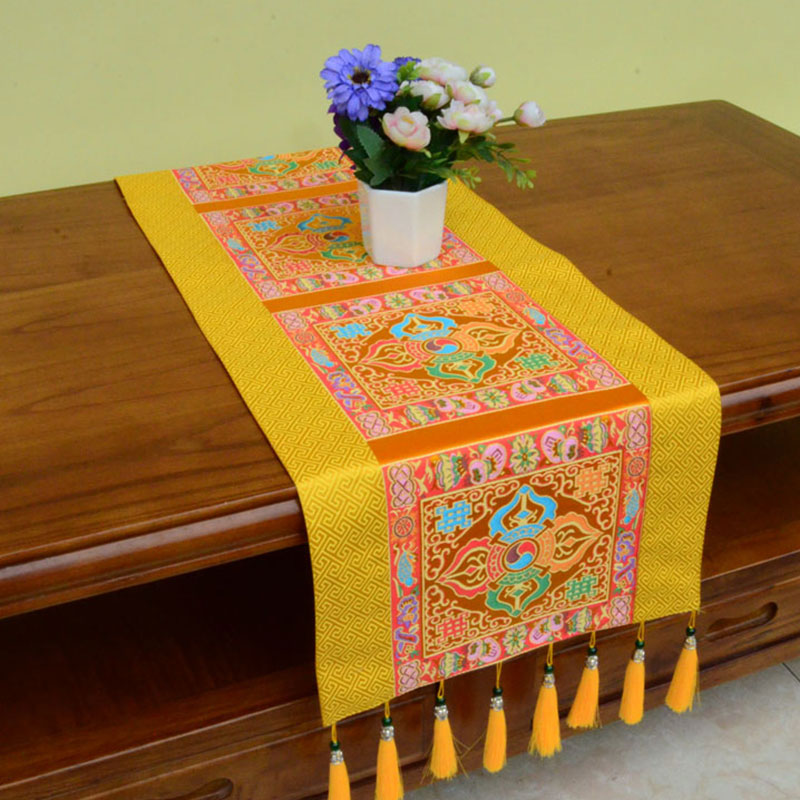 Buddha Stones Prayer Altar Mat Man-Bcu Kalachakra Endless Knot Vajra Tibetan Auspicious Symbols Tassels Table Runner - Vajra - Gold - 190*33cm - image 13