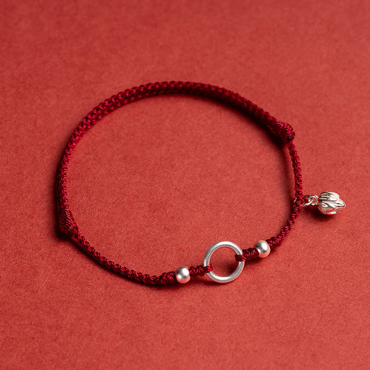Buddha Stones 925 Sterling Silver Lucky Fortune Peace Joy Lotus Peace Buckle Red String Bracelet - Dark Red(Wrist Circumference 15-18cm) - Lotus - image 12