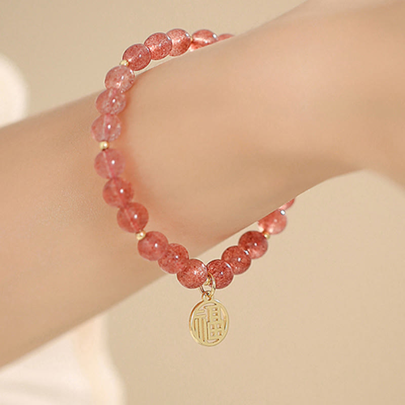 Buddha Stones 14K Gold Plated Strawberry Quartz Fu Character Healing Charm Bracelet - image 12