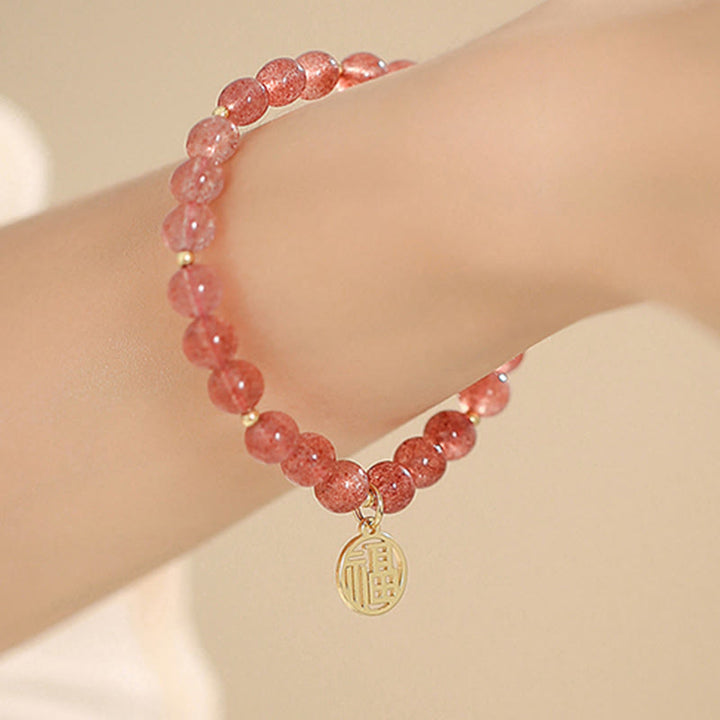 Buddha Stones 14K Gold Plated Strawberry Quartz Fu Character Healing Charm Bracelet - image 12