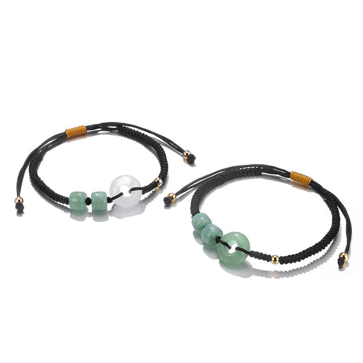 Buddha Stones 2Pcs Green Aventurine White Jade Peace Buckle Luck Braided Couple Bracelet - Peace Buckle&Bead(Wrist Circumference 14-20cm) - image 1