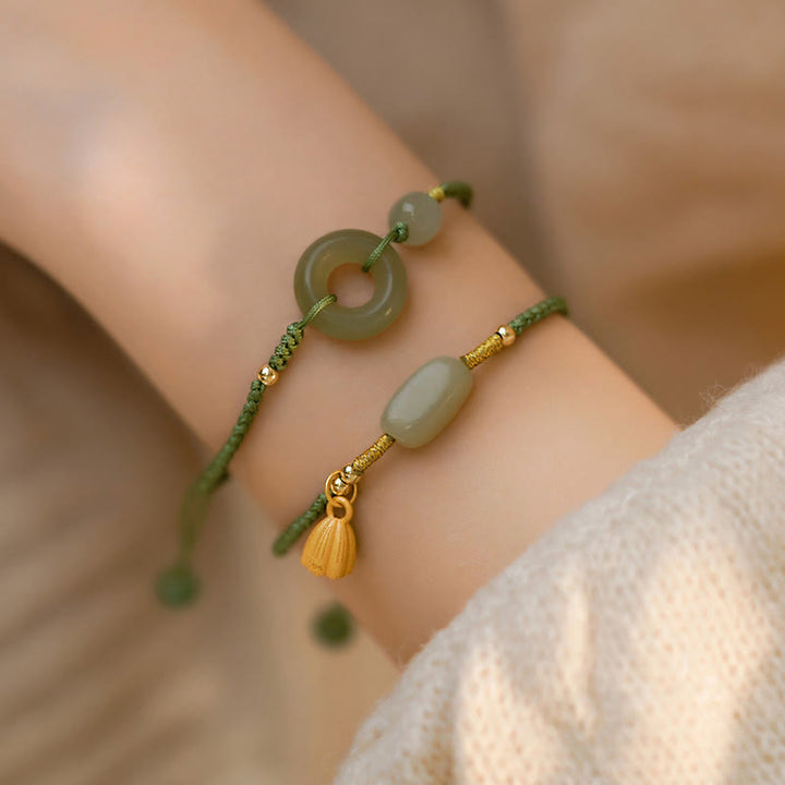 Buddha Stones Lotus Jade Peace Buckle Bead Luck Happiness Charm String Bracelet - image 0