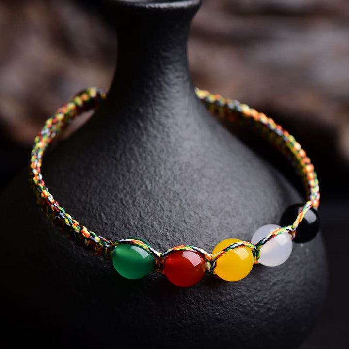 Buddha Stones Colorful Agate Metal Wood Water Fire Earth Five Elements String Bracelet - image 1
