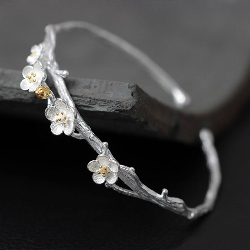 Buddha Stones 925 Sterling Silver Plum Flower Blessing Bracelet Adjustable Bangle - image 8