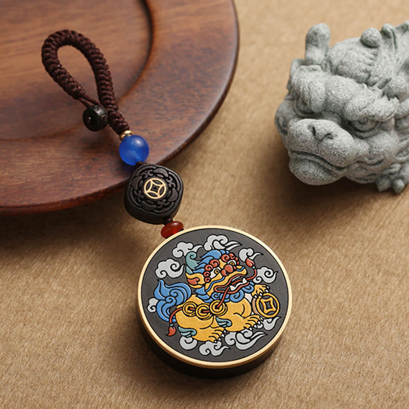 Buddha Stones PiXiu Copper Coin Ebony Wood Luck Attract Wealth Key Chain Decoration - image 1