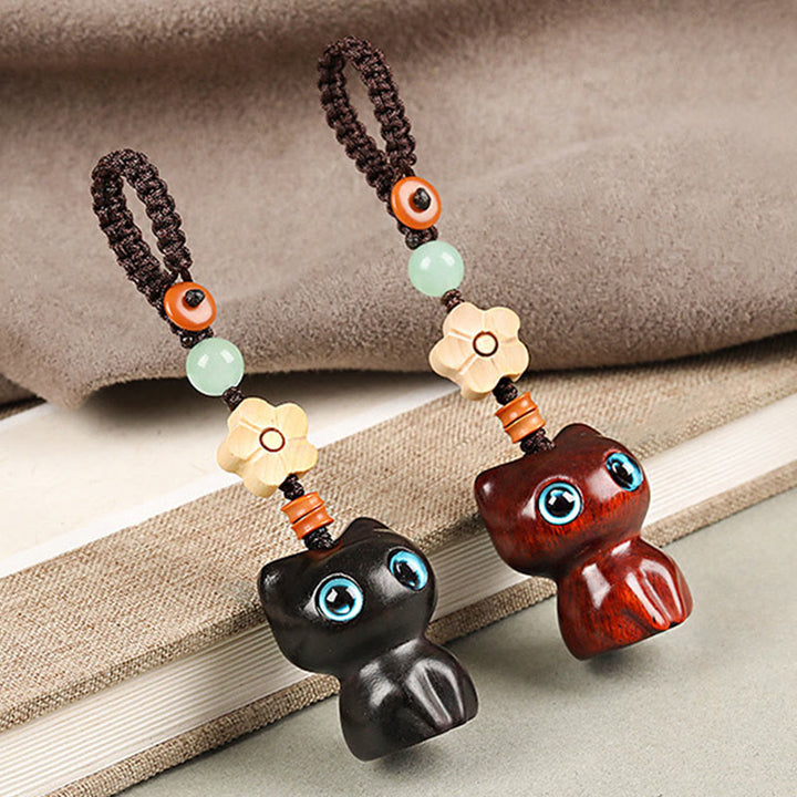 Buddha Stones Mini Small Leaf Red Sandalwood Ebony Wood Lucky Cat Lovely Kitty Peace Key Chain Phone Hanging Decoration - image 12