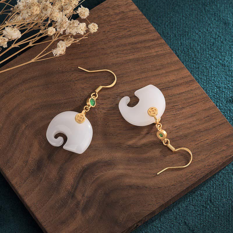 Buddha Stones FengShui Elephant White Jade Fortune Earrings - image 3