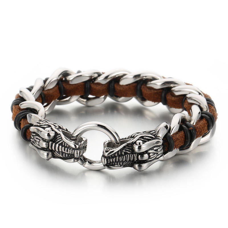 Buddha Stones Dragon Leather Titanium Steel Protection Luck Braided Bracelet - Silver&Brown - image 13