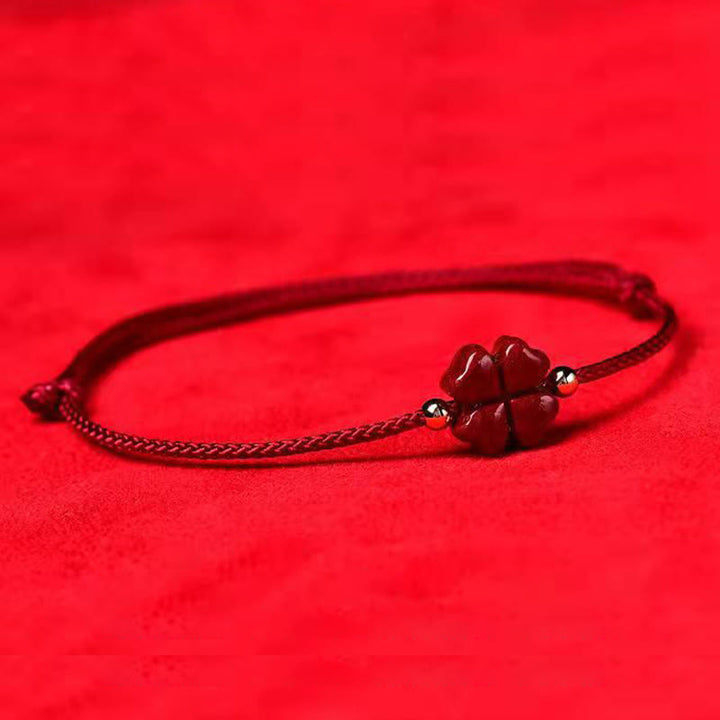 Buddha Stones Natural Cinnabar Four Leaf Clover Blessing Red String Bracelet Anklet - image 3