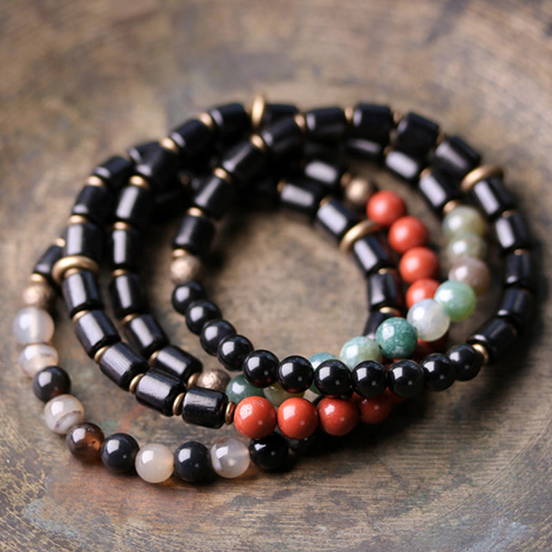 Buddha Stones Ebony Wood Red Jasper Moss Agate Crystal Copper Peace Couple Bracelet - image 1