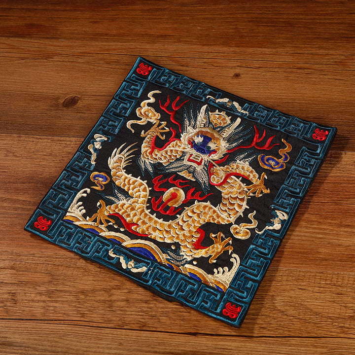 Buddha Stones Crane Phoenix Dragon Kirin Embroidered Cup Mat Pad Tea Cup Coaster Square Kung Fu Tea Mat - Black Golden Dragon - image 21