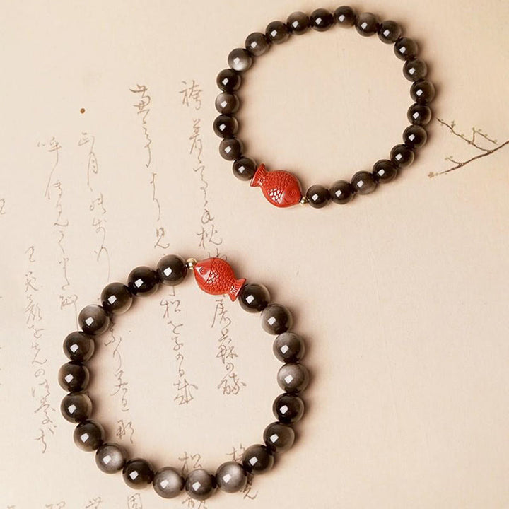 Buddha Stones Natural Silver Sheen Obsidian Cinnabar Koi Fish Soothing Protection Bracelet - image 6