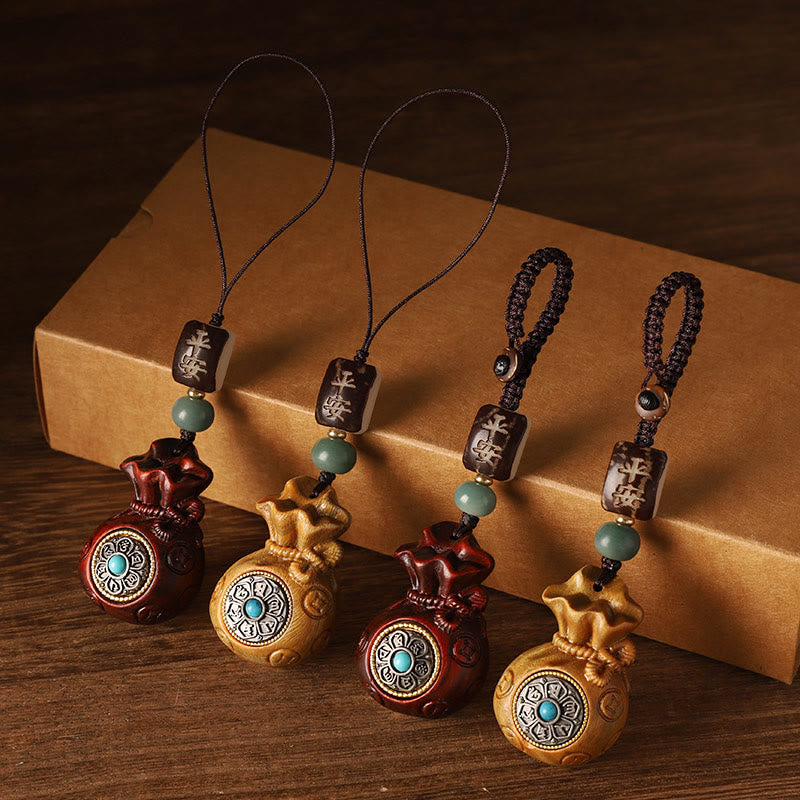 Buddha Stones Small Leaf Red Sandalwood Green Sandalwood Money Bag Om Mani Padme Hum Rotatable Protection Hanging Decoration - image 1