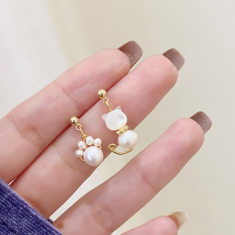 Buddha Stones Cute Cat Paw Pearl Wisdom Stud Drop Earrings - image 1