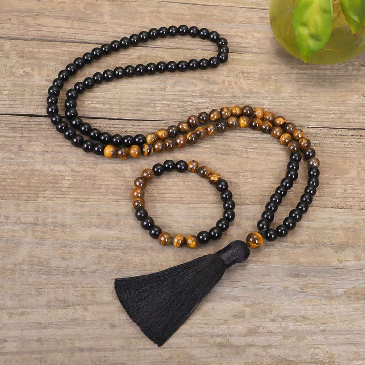 Buddha Stones Tibetan Black Onyx Tiger Eye Protection Necklace Mala Set - Bracelet + Mala - image 0