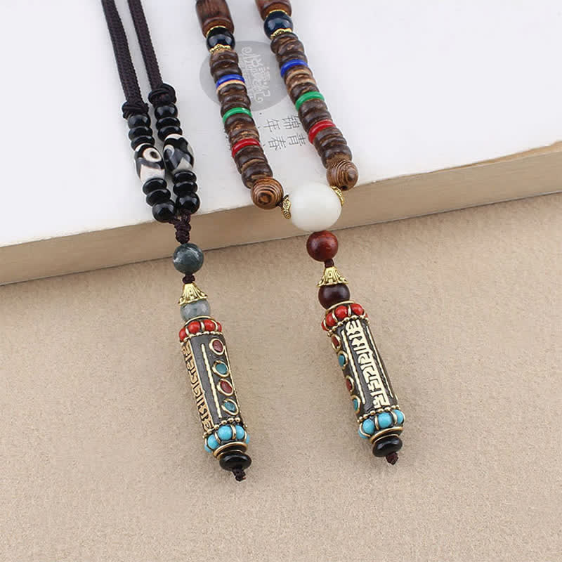 Buddha Stones Tibetan Om Mani Padme Hum Dzi Bead Wenge Wood Necklace Pendant - image 1