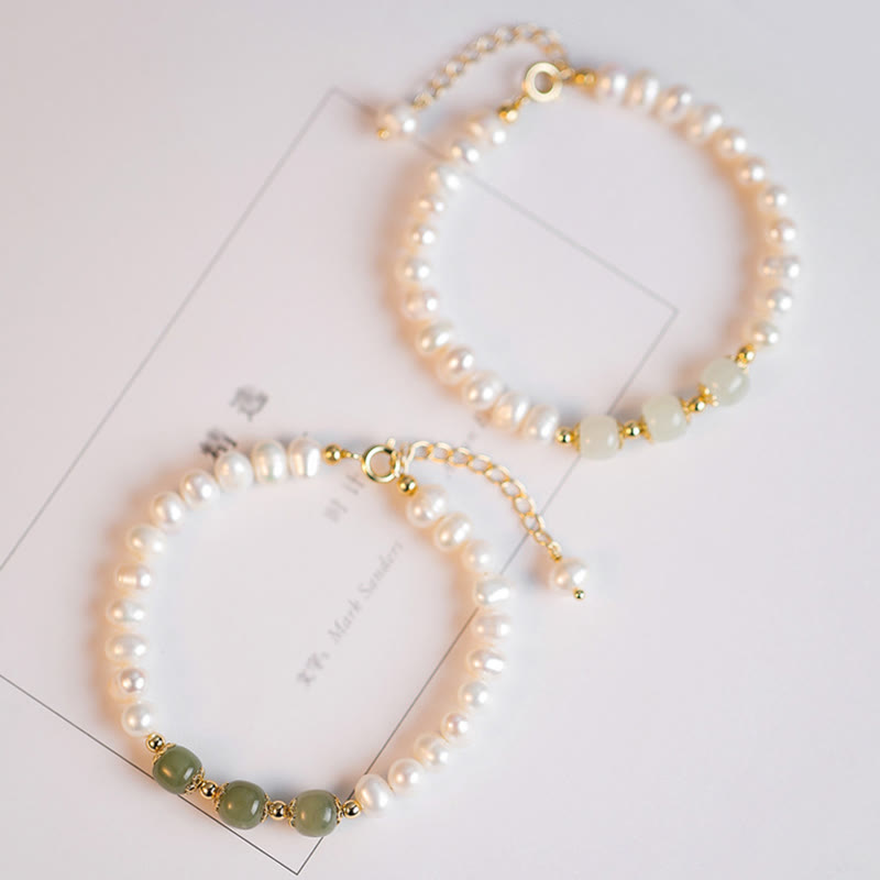 Buddha Stones 14K Gold Plated Natural Pearl Hetian Cyan Jade White Jade Sincerity Bead Chain Bracelet - image 9