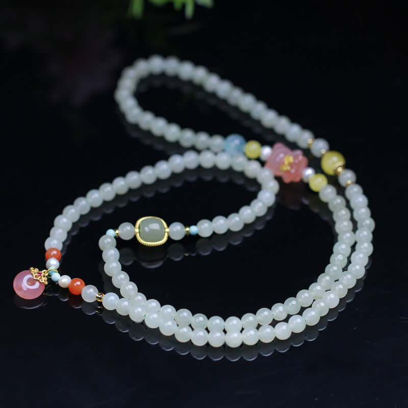 Buddha Stones Natural Hetian Jade Pink Crystal Peace Buckle Happiness Abundance Bracelet - image 3