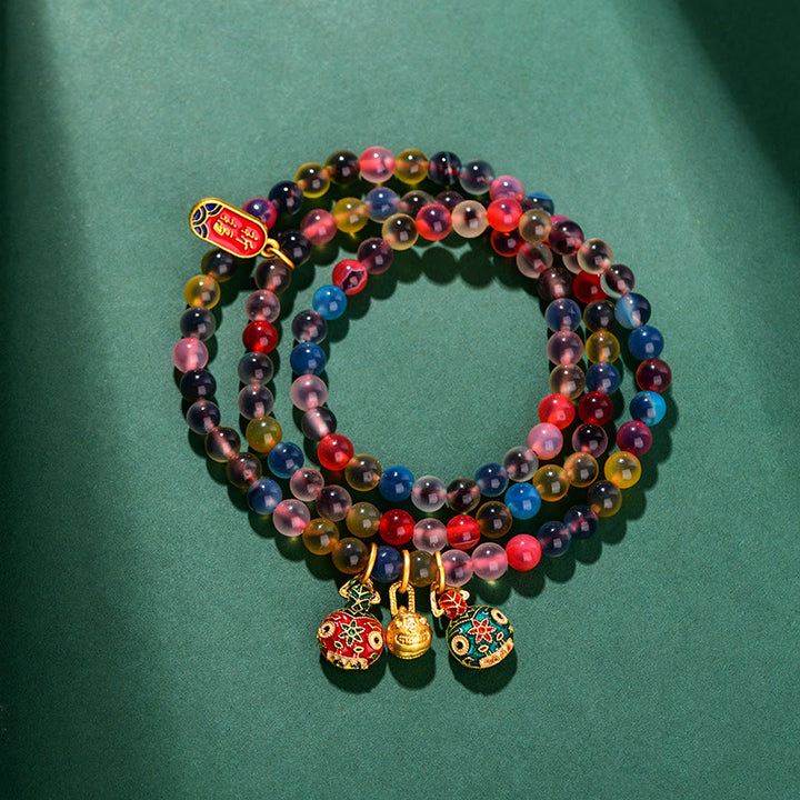Buddha Stones Colorful Candy Agate Gold Swallowing Beast Family Strength Charm Triple Wrap Bracelet - image 1