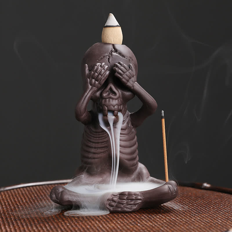 Buddha Stones Little Skull Ghost Purple Clay Backflow Smoke Fountain Peace Incense Burner Decoration - Little Ghost/Don't Look - image 2