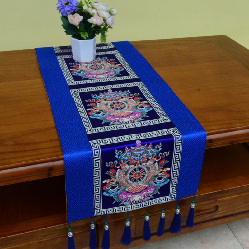 Buddha Stones Prayer Altar Mat Man-Bcu Kalachakra Endless Knot Vajra Tibetan Auspicious Symbols Tassels Table Runner - 8 Auspicious Symbols - Blue - 190*33cm - image 9