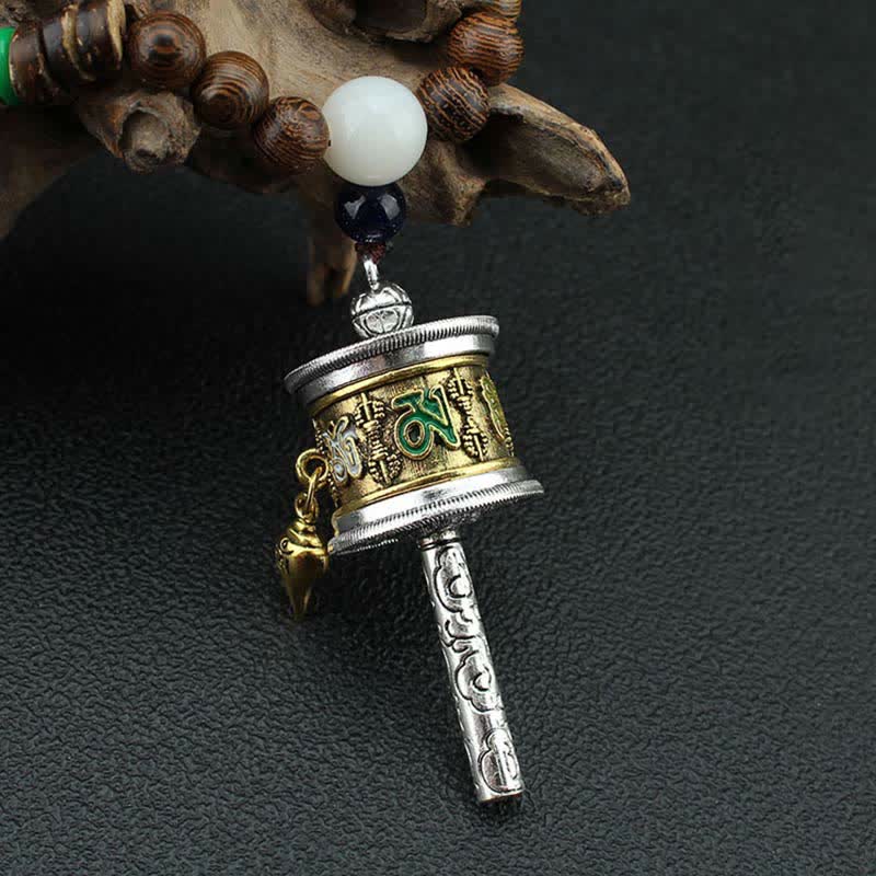 Buddha Stones Tibetan Om Mani Padme Hum Prayer Wheel Rotation Vajra Wood Necklace Pendant - image 8