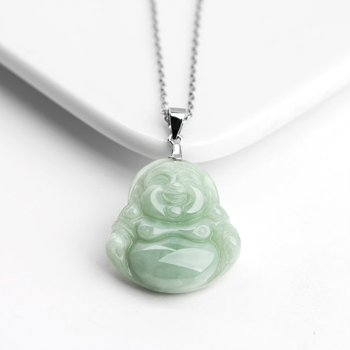 Buddha Stones Laughing Buddha Jade Blessing Titanium Steel Chain Necklace Pendant - image 3