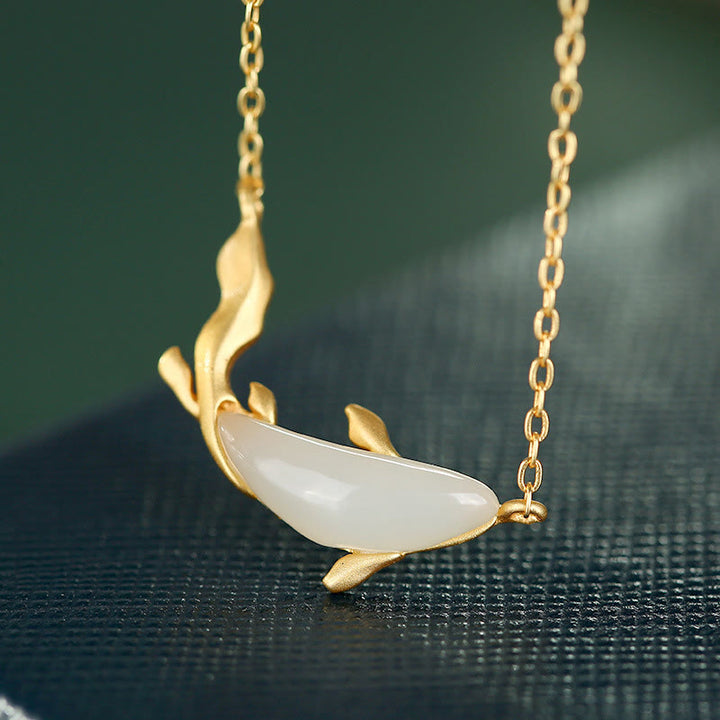 Buddha Stones 925 Sterling Silver White Jade Dolphin Luck Necklace Pendant - Golden Koi Fish - image 0