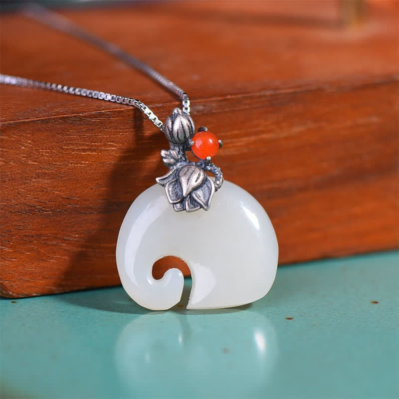 Buddha Stones White Jade Elephant Lotus Protection Necklace Pendant - Elephant&45+5cm Chain - image 0