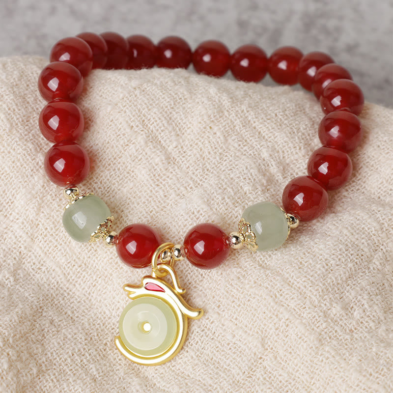 Buddha Stones Year of the Dragon Red Agate Jade Peace Buckle Fu Character Success Bracelet - image 1