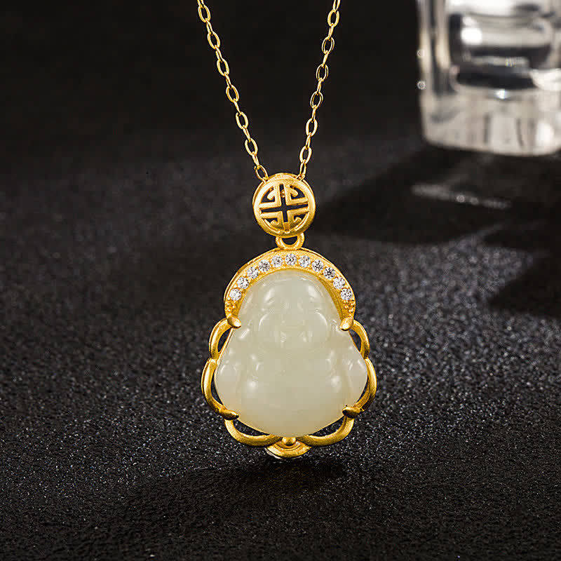 Buddha Stones 925 Sterling Silver Laughing Buddha Hetian White Jade Protection Necklace Pendant - Hetian White Jade(Protection♥Happiness) - image 0