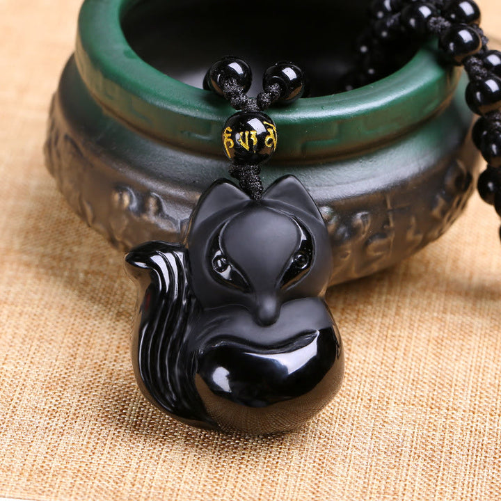 Buddha Stones Natural Black Obsidian Tiger Eye Ice Obsidian Fox Pendant Amulet Necklace - image 1