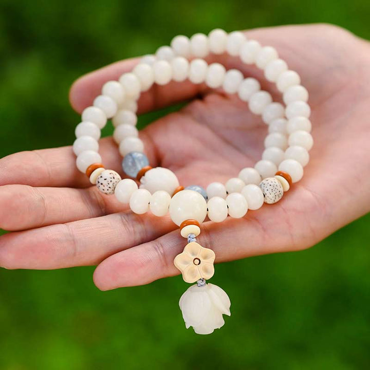 Buddha Stones Tibetan White Jade Bodhi Lotus Blessing Bracelet - image 6