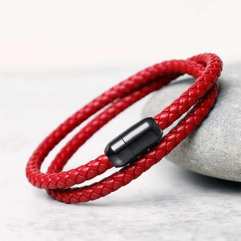 Buddha Stones Genuine Leather Red String Protection Magnetic Buckle Bracelet - Red(Wrist Circumference 14-16cm) - image 0