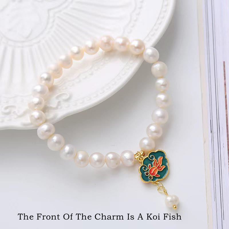 Buddha Stones Natural Pearl Lotus Koi Fish Goldfish Optimism Charm Bracelet - image 1