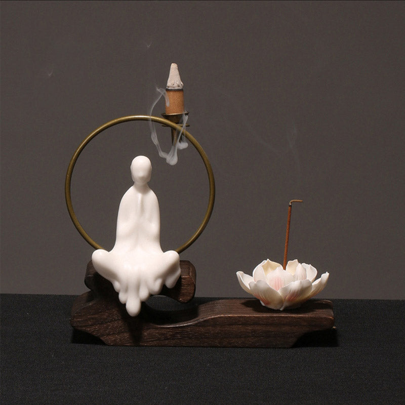 Buddha Stones Ceramic Lotus Healing Meditation Incense Burner Decoration - White Prayer - image 1
