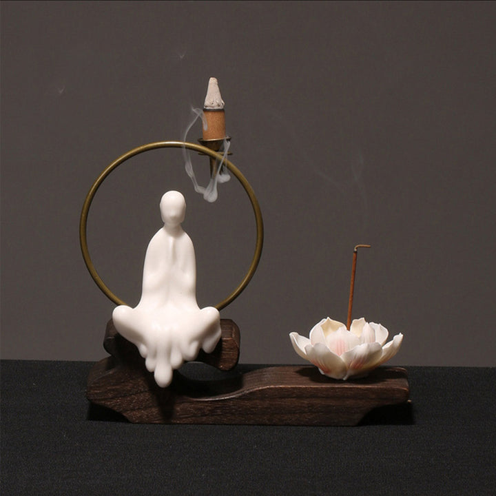 Buddha Stones Ceramic Lotus Healing Meditation Incense Burner Decoration - White Prayer - image 1