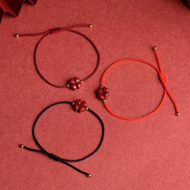 Buddha Stones Natural Cinnabar Four Leaf Clover Blessing Red String Bracelet Anklet - image 14