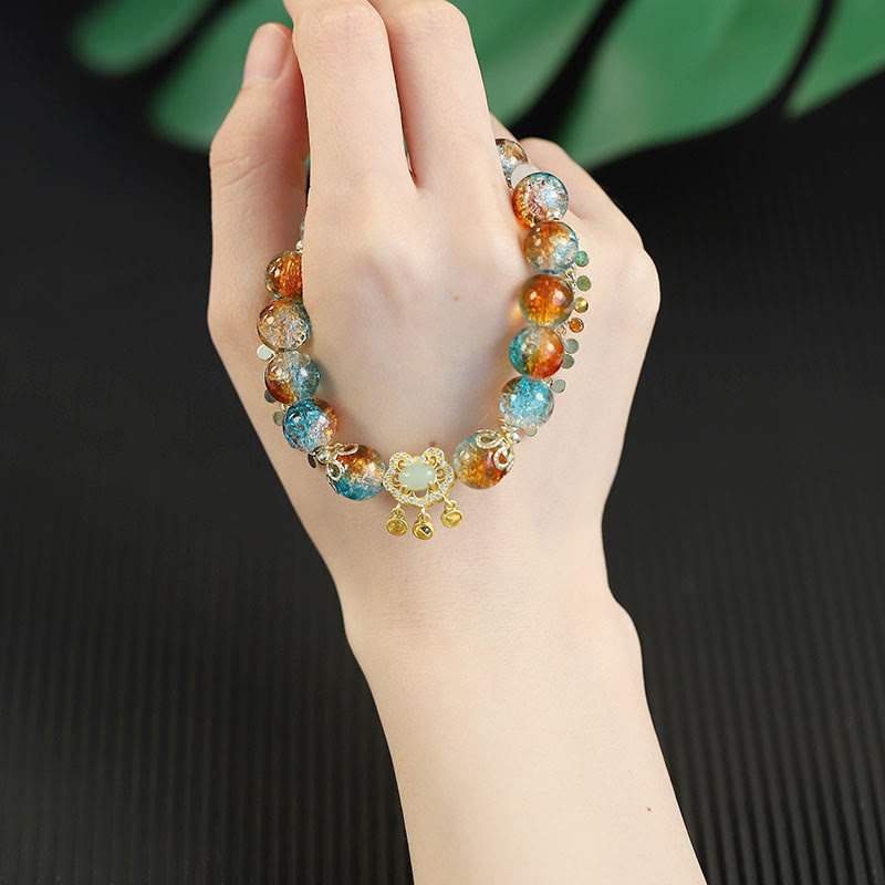 Buddha Stones Colorful Liuli Glass Bead Chinese Lock Charm Fortune Bracelet - image 6