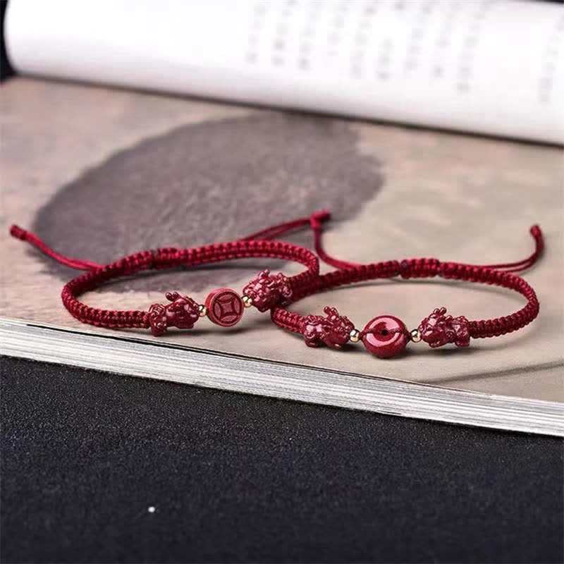 Buddha Stones Cinnabar PiXiu Blessing Copper Coin Peace Buckle Red String Bracelet - image 1
